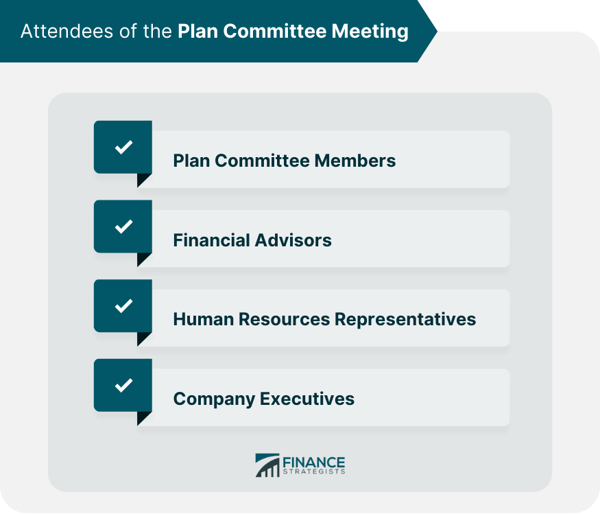 Definition of Plan Committee Meeting A Plan Committee Meeting in retirement planning typically refers to a gathering of individuals responsible for overseeing a retirement plan. The committee may consist of plan sponsors, trustees, or other designated fiduciaries who have a legal responsibility to act in the best interest of plan participants. During a Plan Committee Meeting, the group may review and discuss the plan's investment performance, fees, and administrative procedures. They may also consider changes to the plan, such as adding new investment options or modifying the employer contribution structure. The goal of the meeting is to ensure that the retirement plan is being managed effectively and in compliance with regulatory requirements. By regularly reviewing and assessing the plan's performance, the committee can help ensure that participants are provided with the tools and resources they need to save and invest for their retirement. Attendees of the Plan Committee Meeting