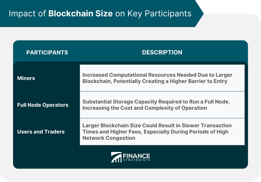 Impact of Blockchain Size on Key Participants