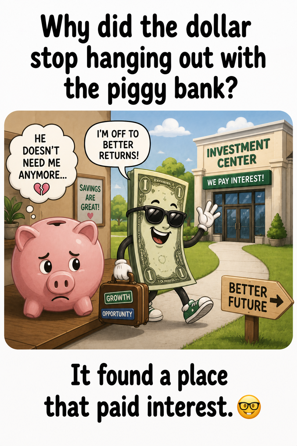 Why did the dollar stop hanging out with the piggy bank? It found a place that paid interest.