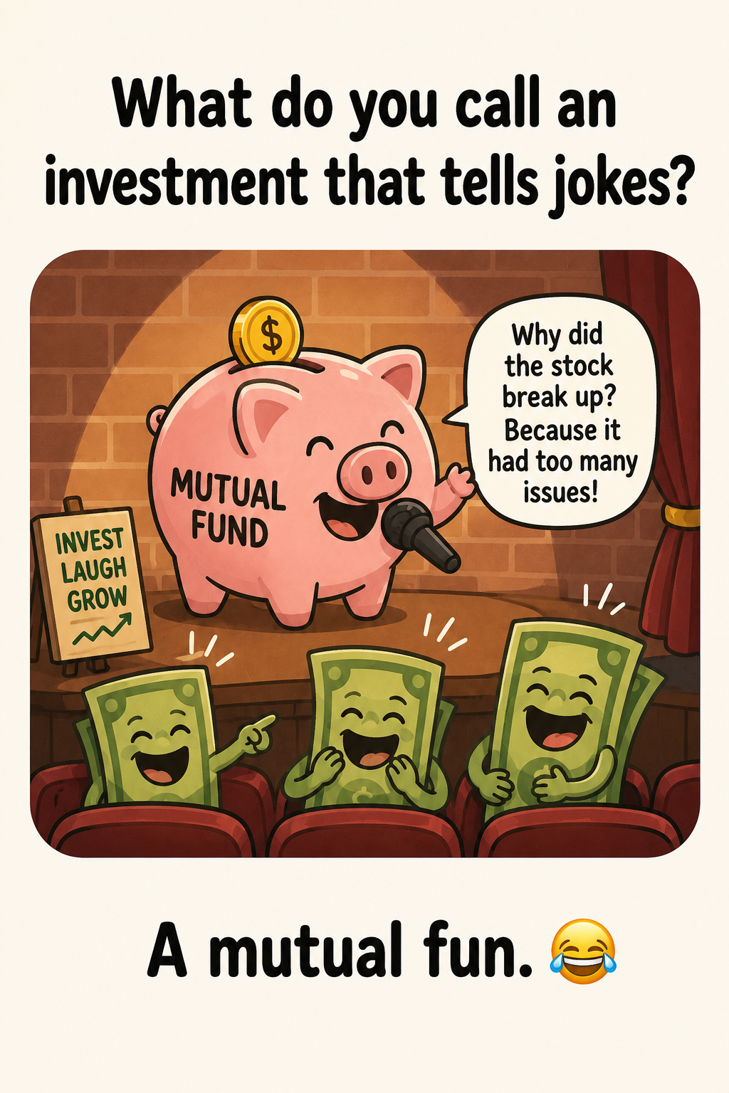 What do you call an investment that tells jokes? A mutual fun.